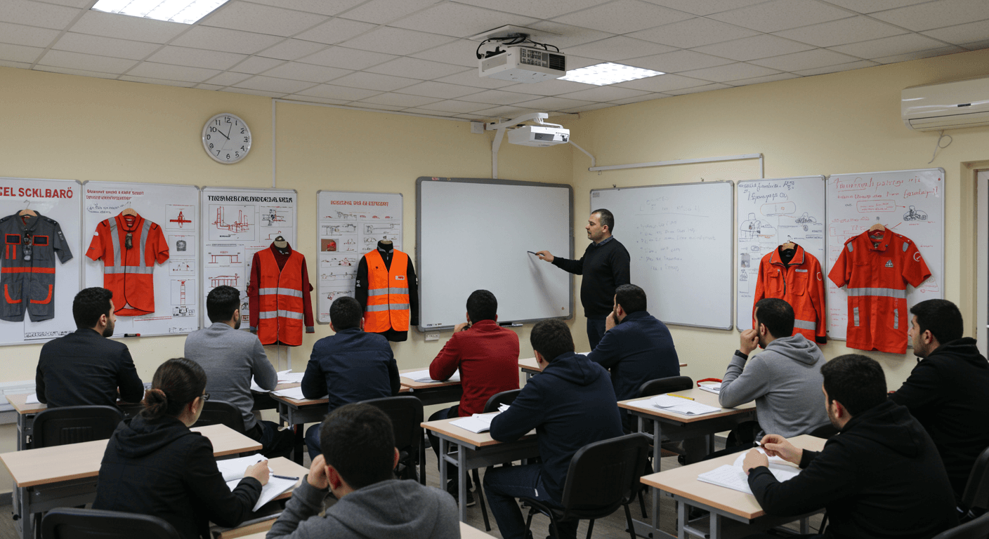 Bağlar iş güvenliği kursu eğitim ortamı — Diyarbakır Bağlar kentsel dönüşüm şantiyesinde yıkım güvenliği, tekstil bisinoz önleme ve GAP sulama kapalı alan İSG eğitimi