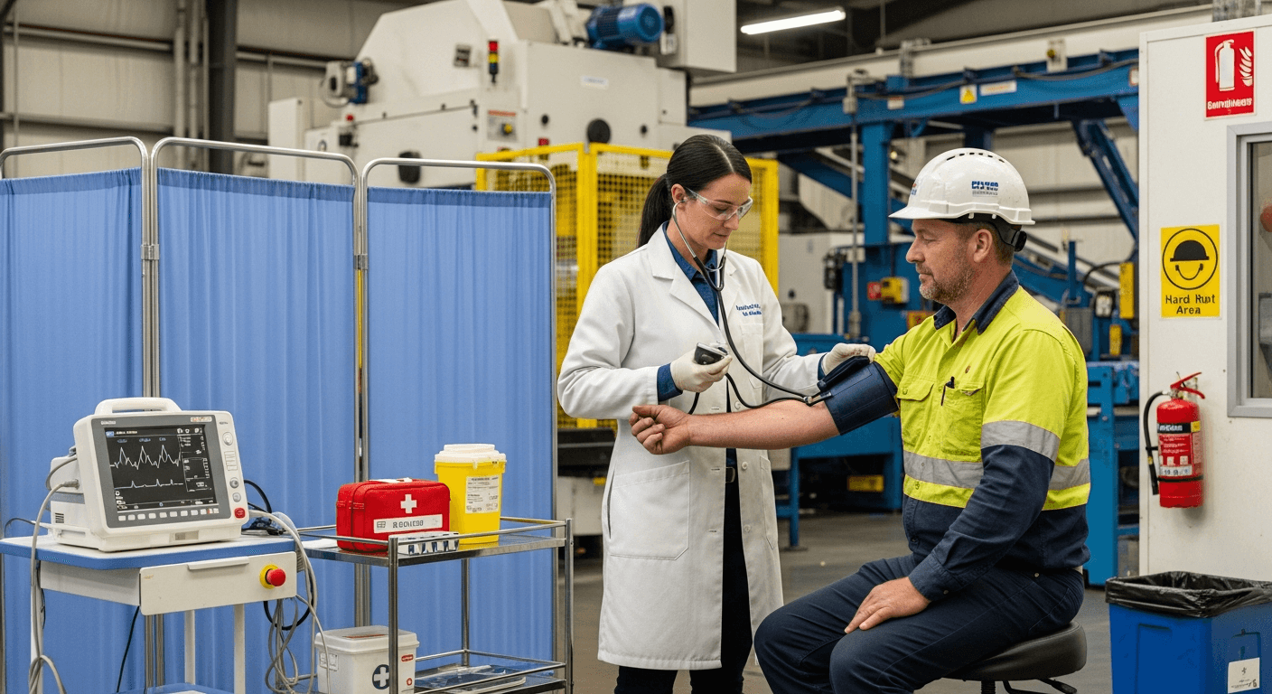 İşyeri Hekimi fabrikada sağlık muayenesi yapıyor